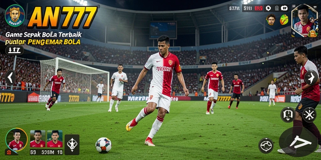 Tangkapan layar utama AN777 menampilkan aksi seru di lapangan sepak bola.