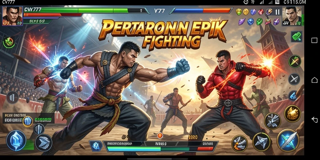 Screenshot gameplay CV777 dengan karakter bertarung di arena.