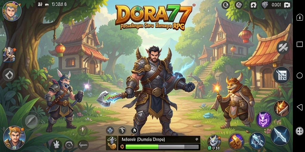 Screenshot gameplay DORA77 menampilkan pertarungan seru dan karakter yang beragam.
