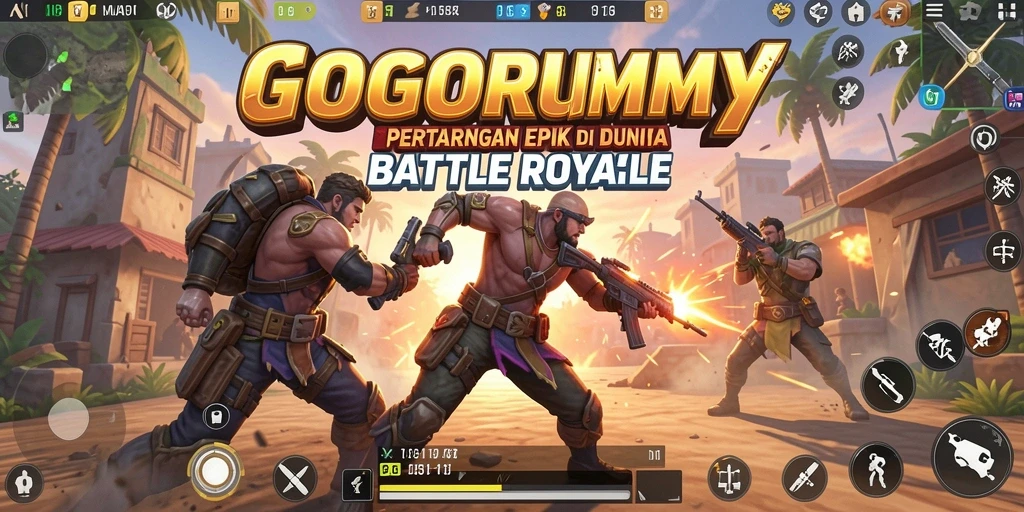 Screenshot gameplay GOGORUMMY menampilkan aksi bertempur dalam arena Battle Royale.