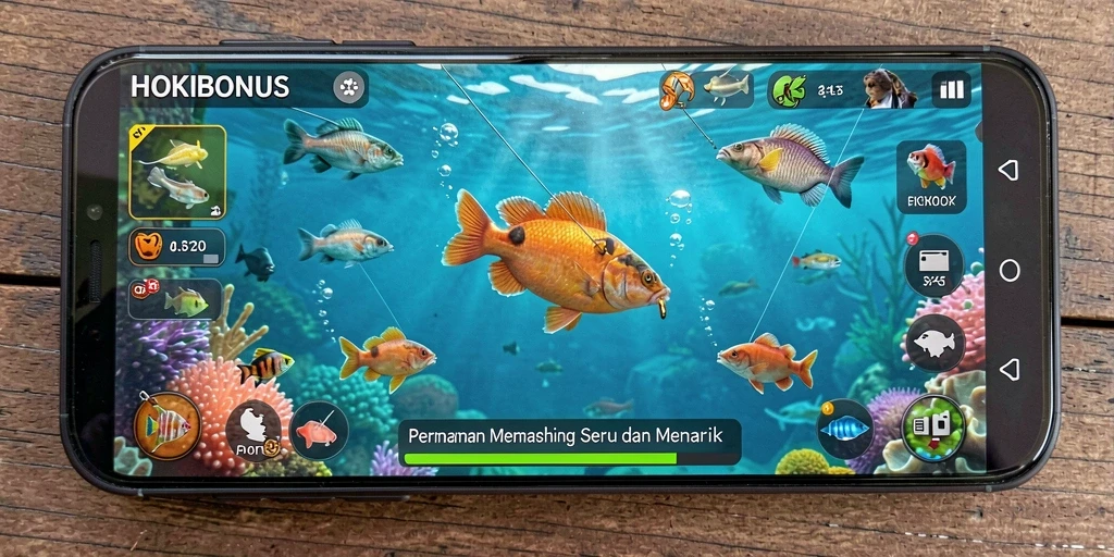 Tampilan gameplay HOKIBONUS dengan berbagai lokasi memancing yang menarik.