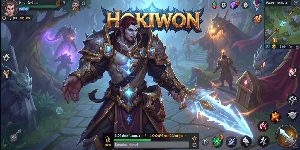 Screenshot gameplay HOKIWON menampilkan karakter dan pertarungan epik dalam dunia fantasi.