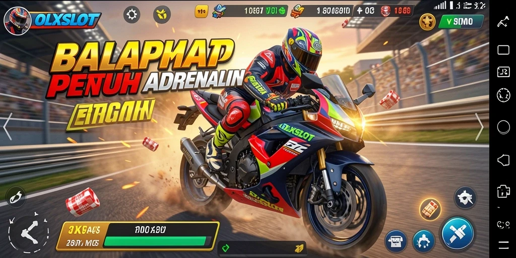 Screenshot utama OLXSLOT menampilkan aksi balap motor yang mendebarkan.