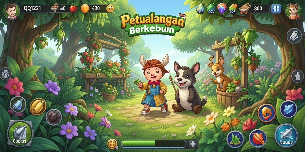 Tampilan gameplay seru dari QQ1221 yang menampilkan kebun yang subur.