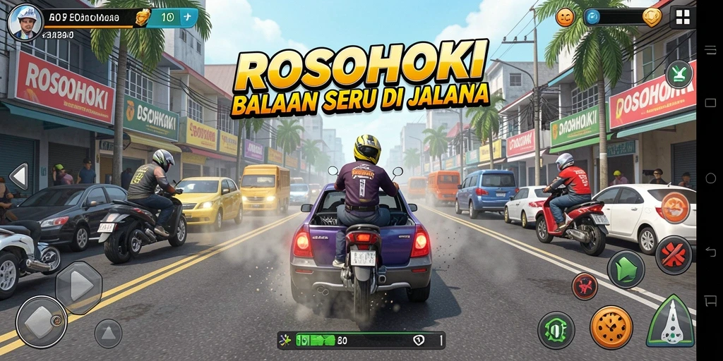 Screenshot gameplay ROSOHOKI menampilkan balapan seru di jalanan.