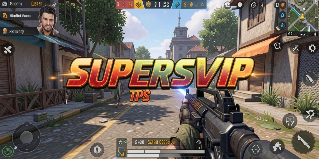 Screenshot gameplay SUPERSVIP dengan aksi tembak-menembak yang intens.