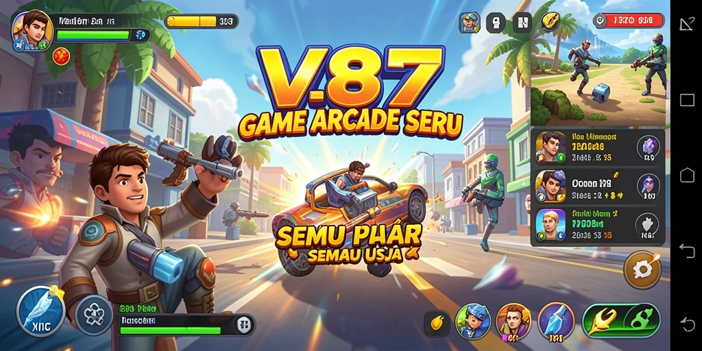 Tangkapan layar utama V87 menunjukkan aksi gameplay Arcade yang mendebarkan.